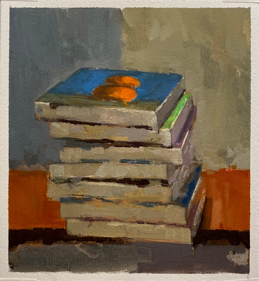 Seven other paintings on a shelf